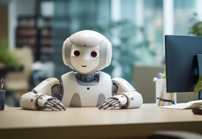AI robot sitting at desk
